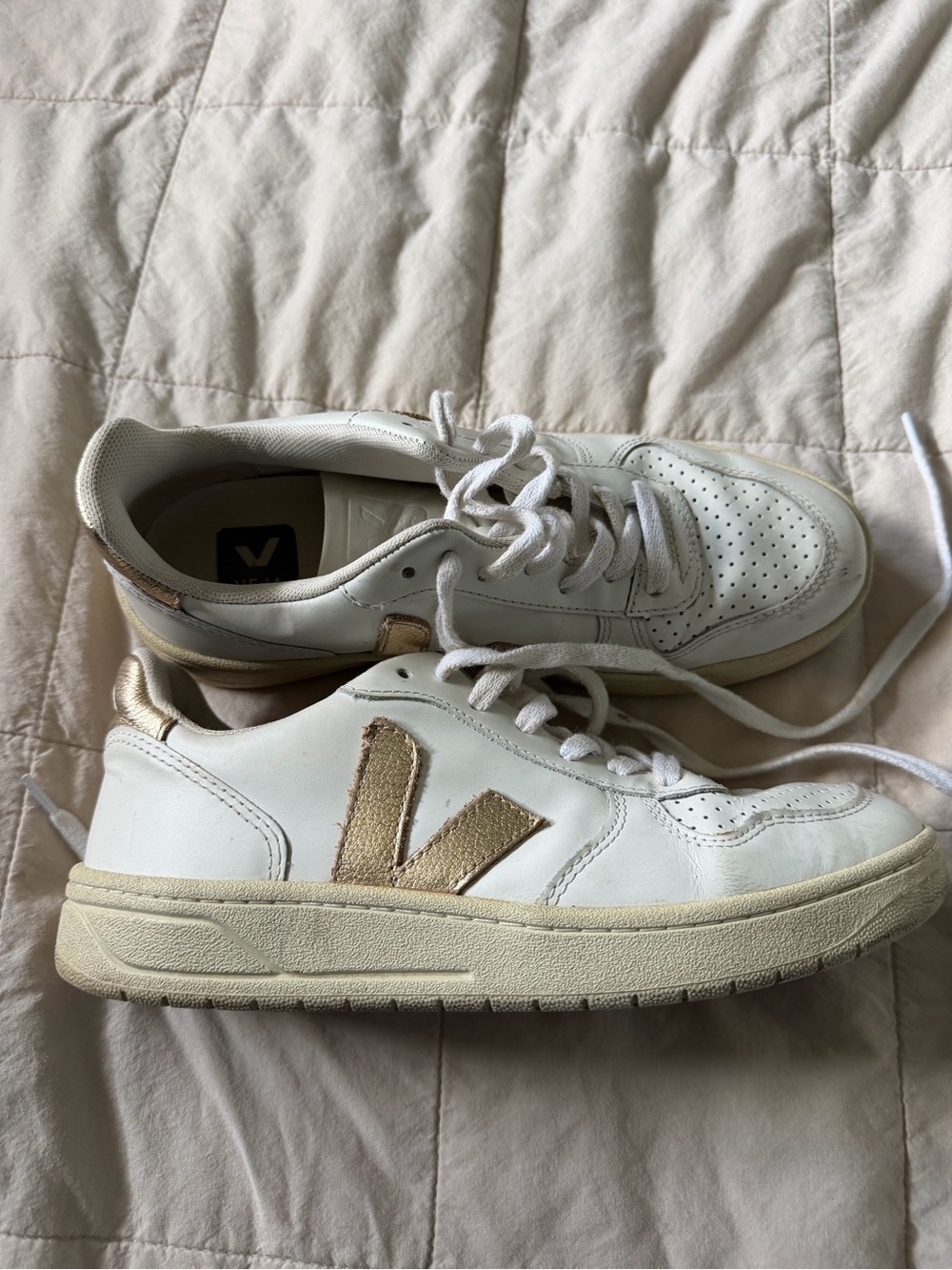 Veja Women's White Leather Sneakers with Gold V Logo